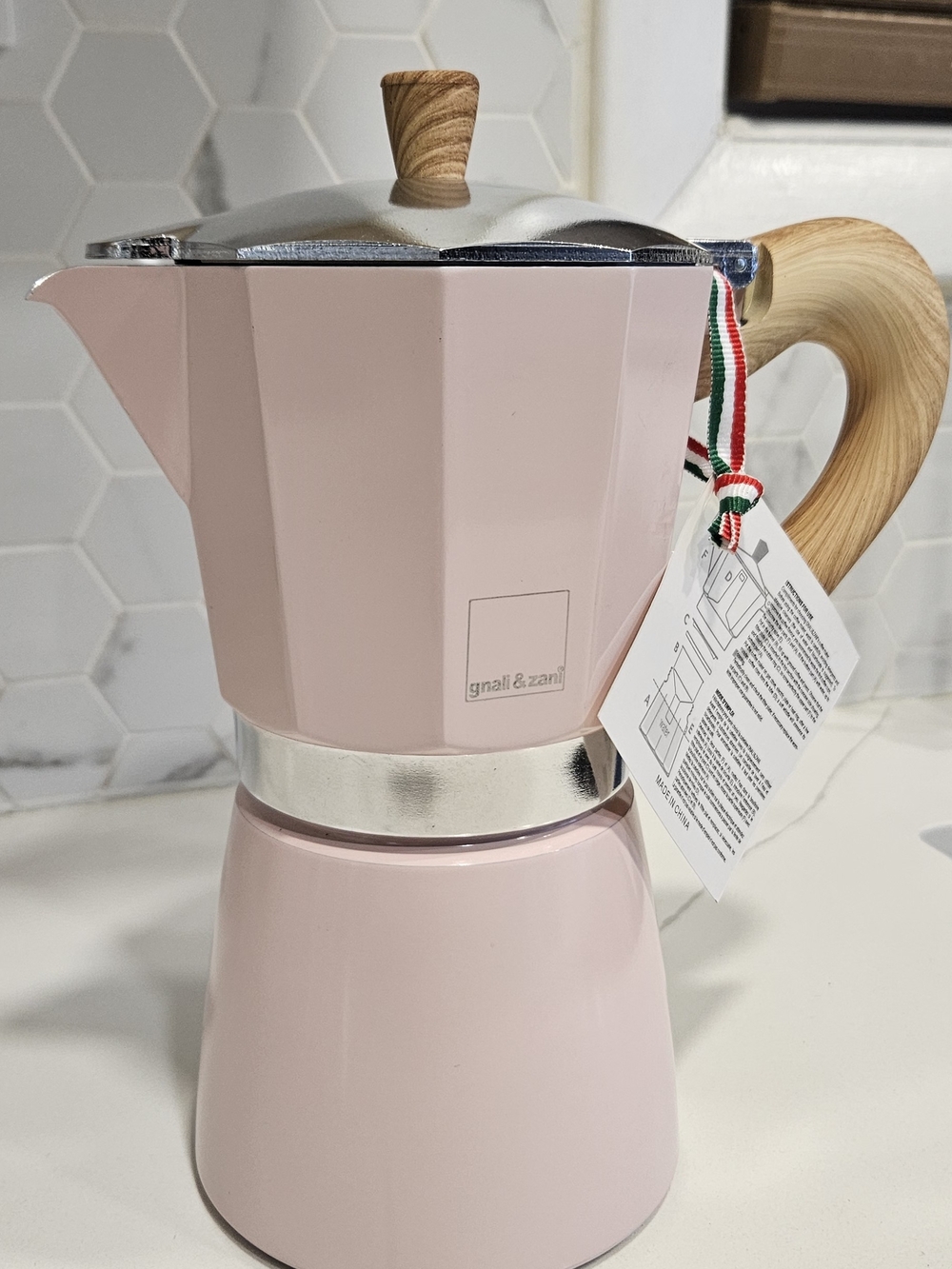 Pink Stovetop Espresso Maker with Wood-Effect Handle 9 CUP
